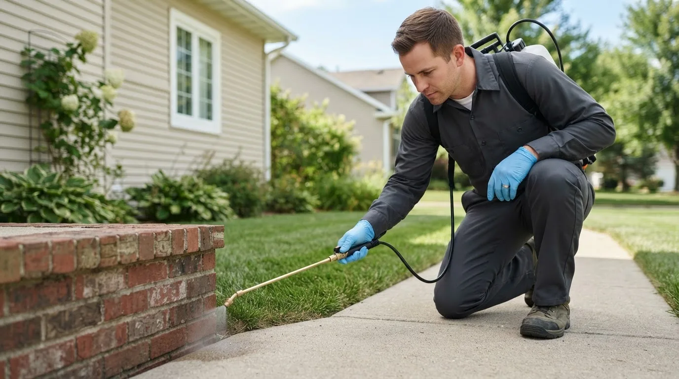 Pest control technician treating a home near Pequannock, NJ